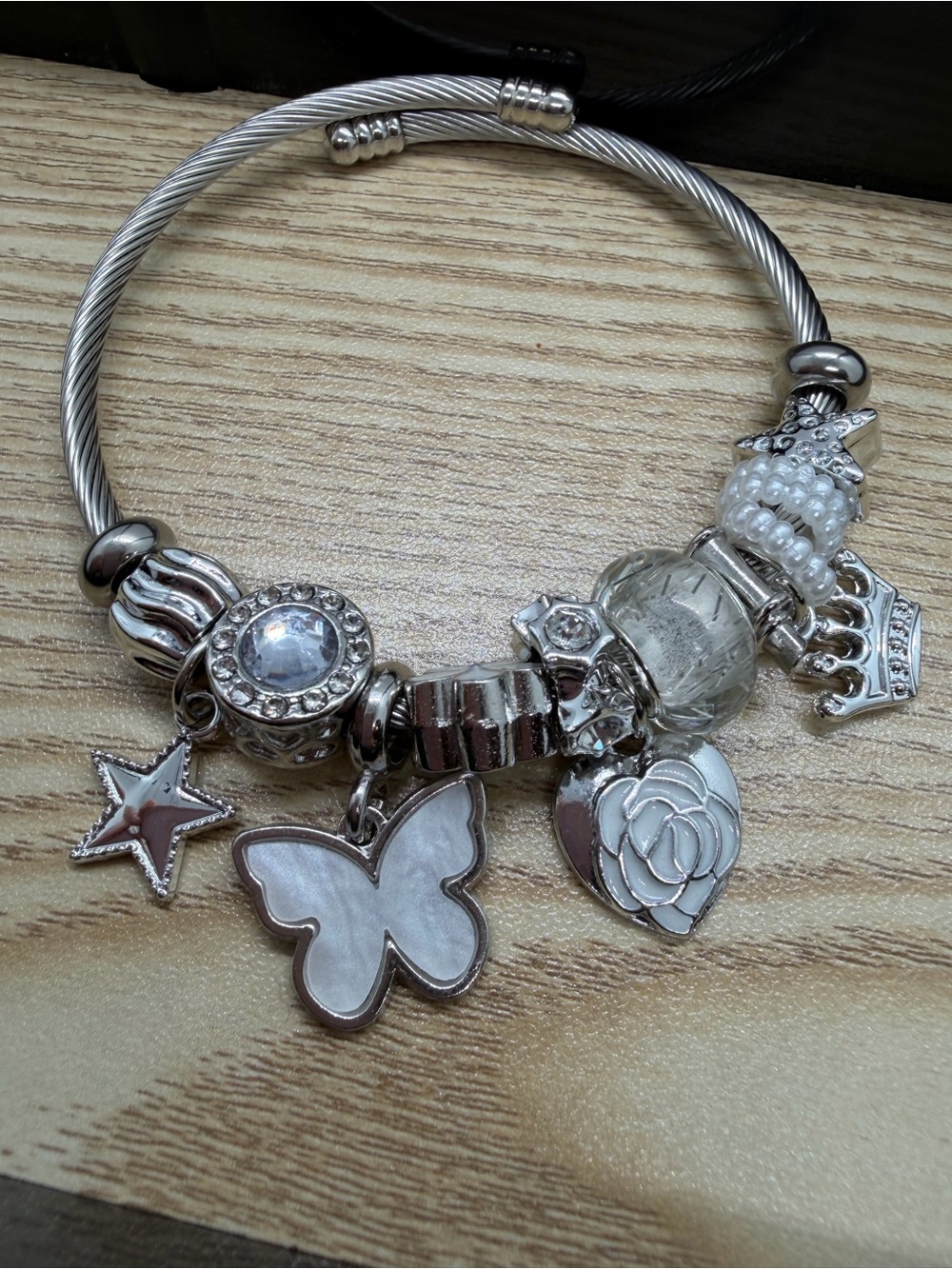 Silver Butterfly & Charm Bangle Bracelet - Women's Jewelry